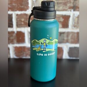 Life is Good 32 oz Wide Mouth Stainless Steel Water Bottle Hiking Dog Green